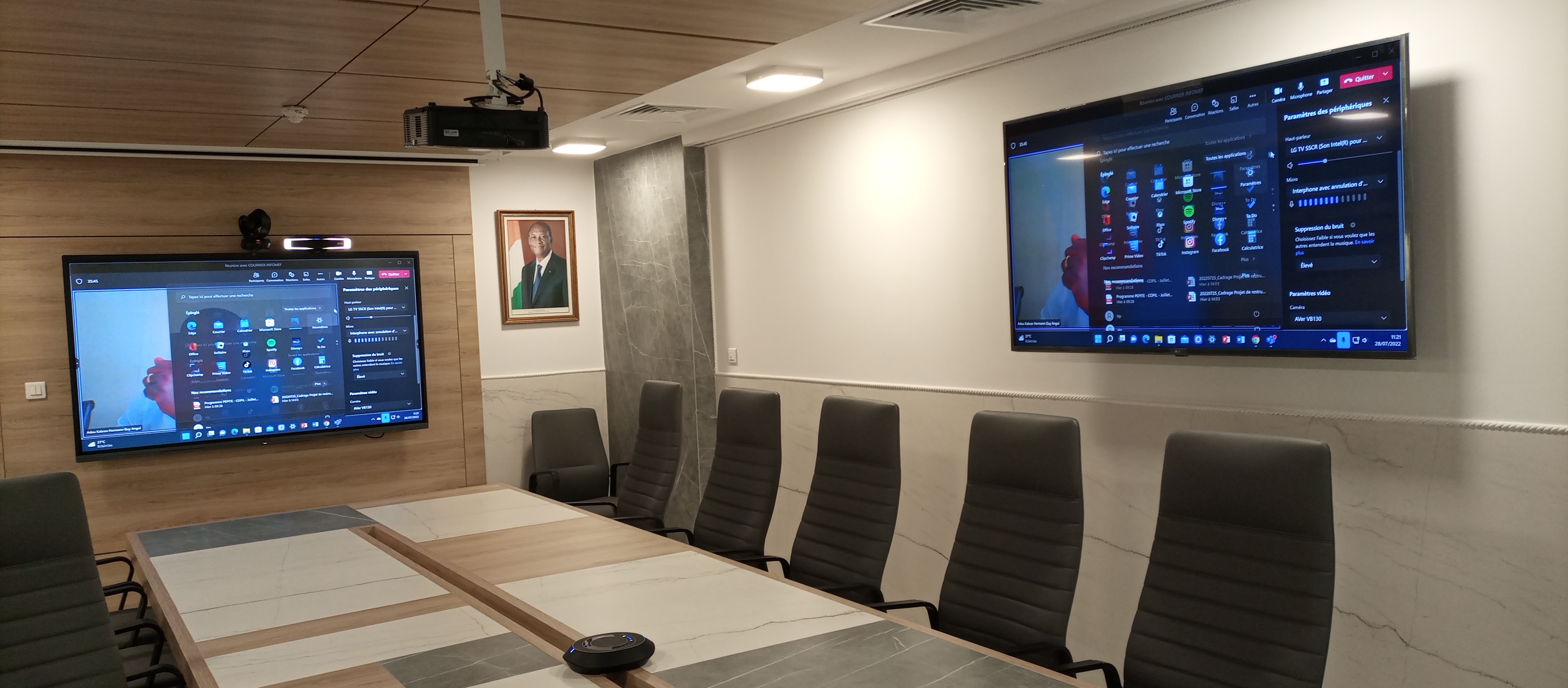 Salle visioconférence avec projection sur deux écrans